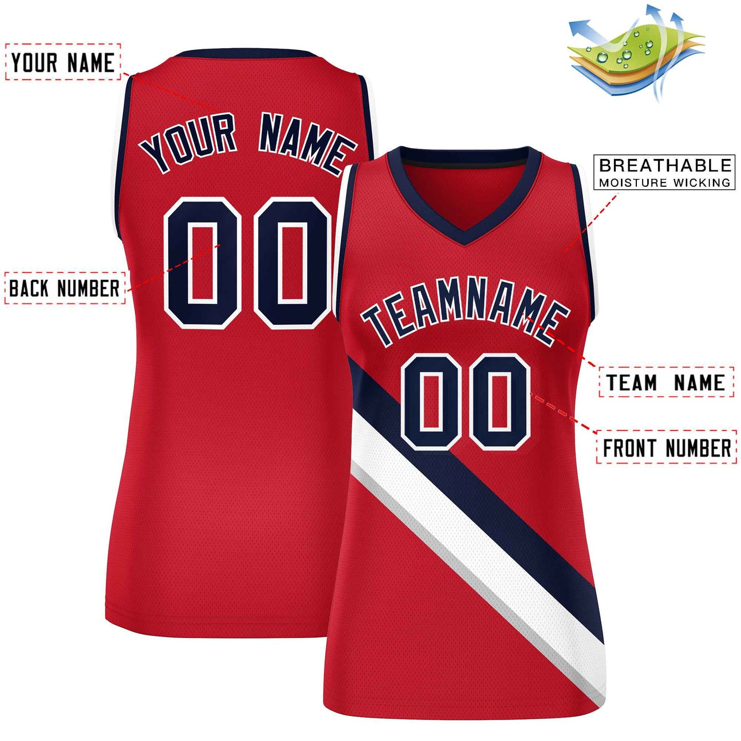 Custom Red Navy-White Thick Slash Fashion Tops Mesh Netball Dress For Women