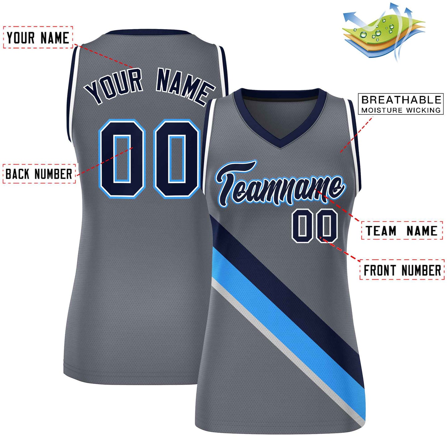 Custom Dark Gray White-Navy Thick Slash Fashion Tops Mesh Netball Dress For Women
