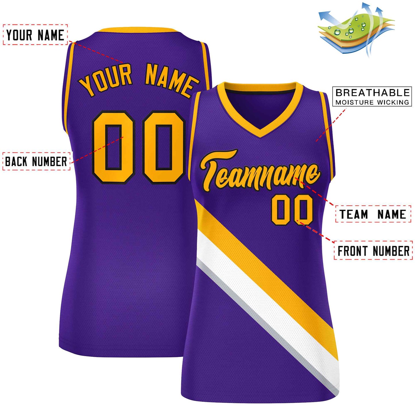 Custom Purple Yellow-Purple Thick Slash Fashion Tops Mesh Netball Dress For Women