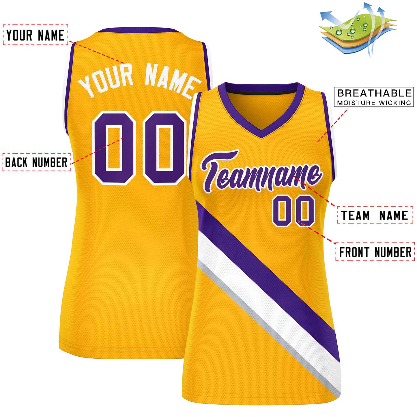 Custom Yellow Purple-White Thick Slash Fashion Tops Mesh Netball Dress For Women