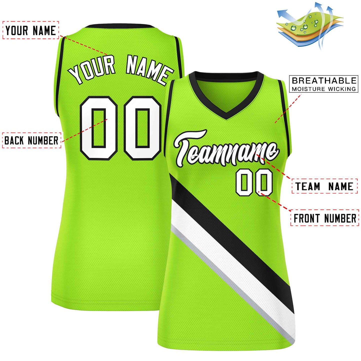 Custom Neon Green Black-Neon Green Thick Slash Fashion Tops Mesh Netball Dress For Women