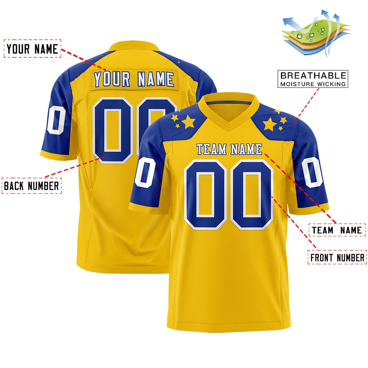 Custom Gold Royal Personalized Shoulder Star Pattern Authentic American Football Jersey