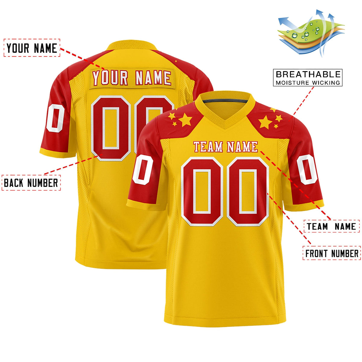 Custom Gold Red Personalized Shoulder Star Pattern Authentic American Football Jersey