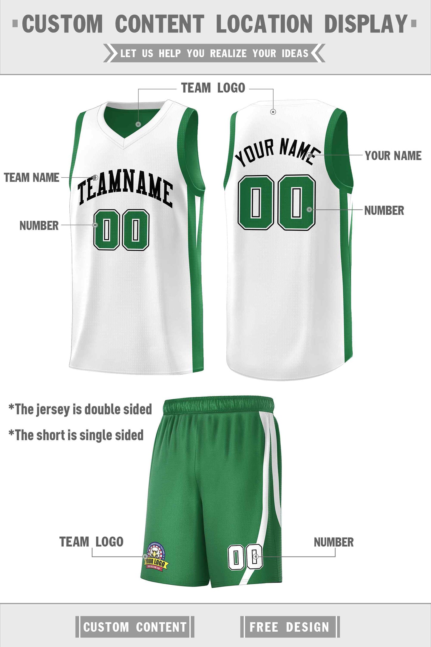 Custom Green White-Black Double Side Sets Men Basketball Jersey