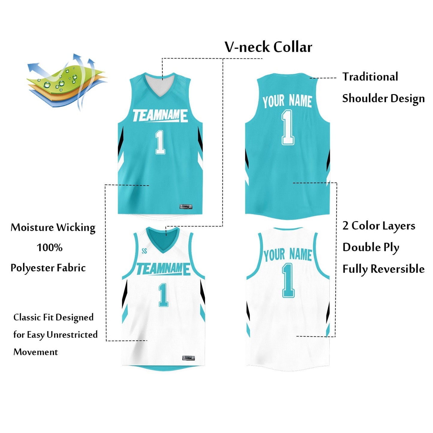 Custom Aqua White Double Side Tops Athletic Basketball Jersey