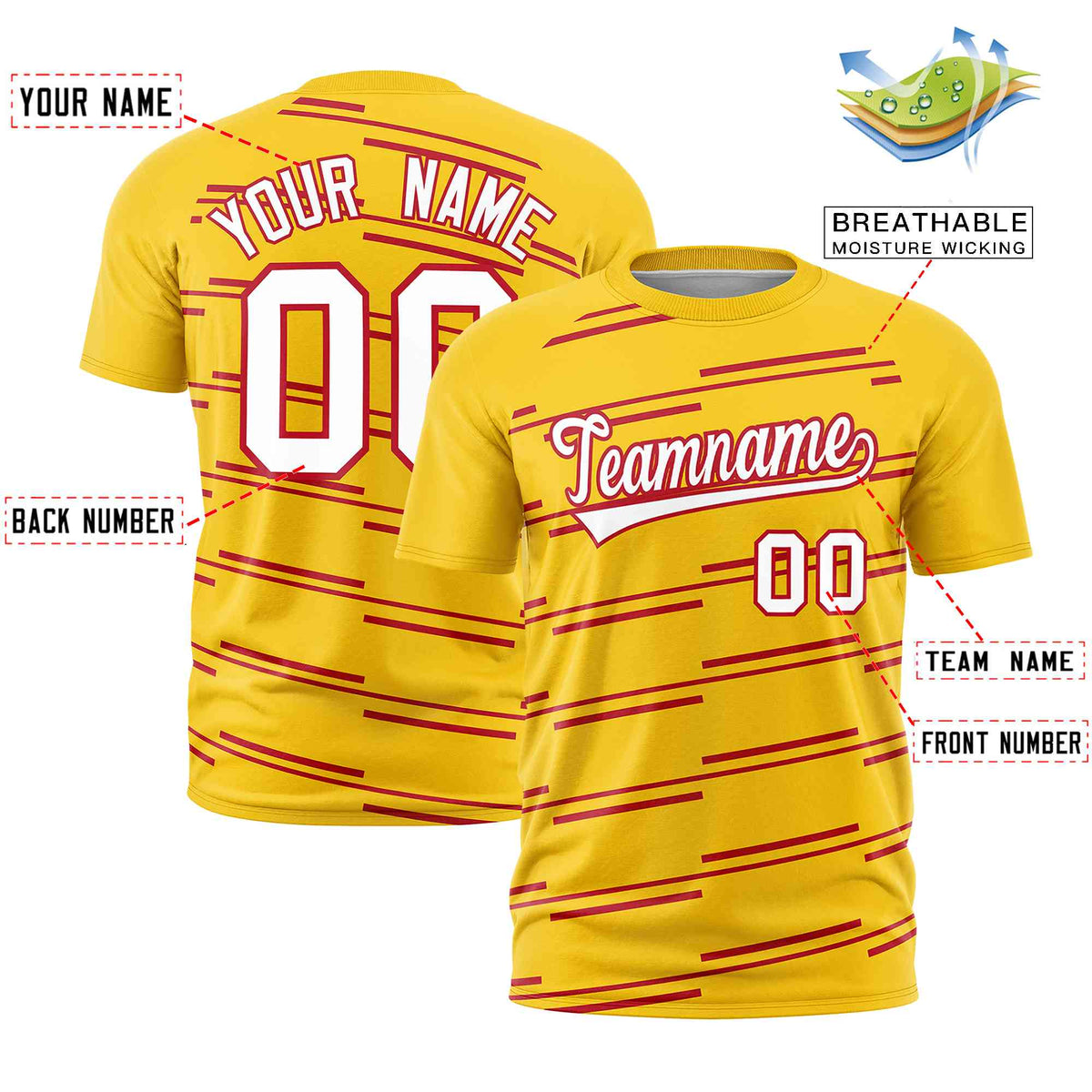 Custom Gold Red Personalized Slanting Line Graffiti Pattern Performance T-Shirt