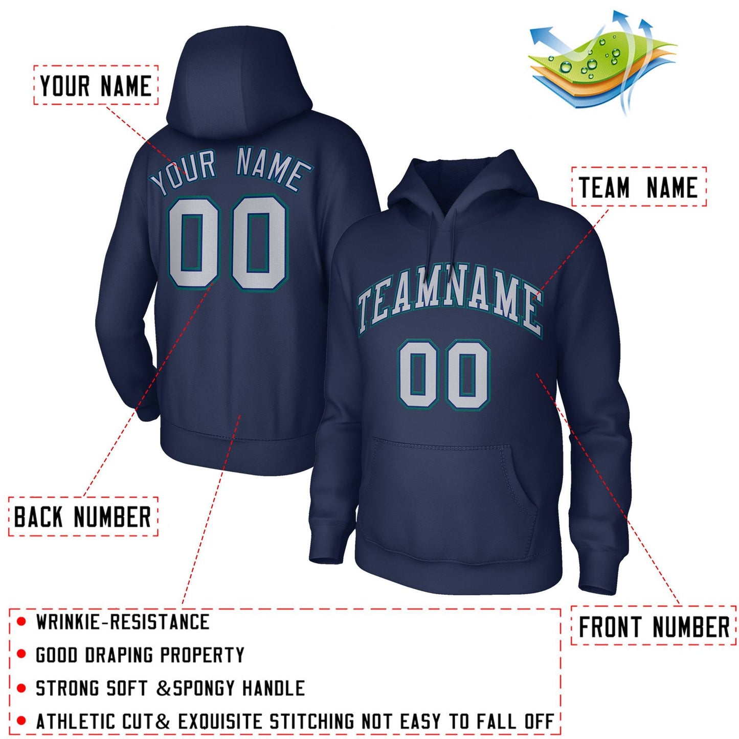 Custom Classic Style Hoodie Fashion Navy Blue Athletic Pullover Sweatshirt