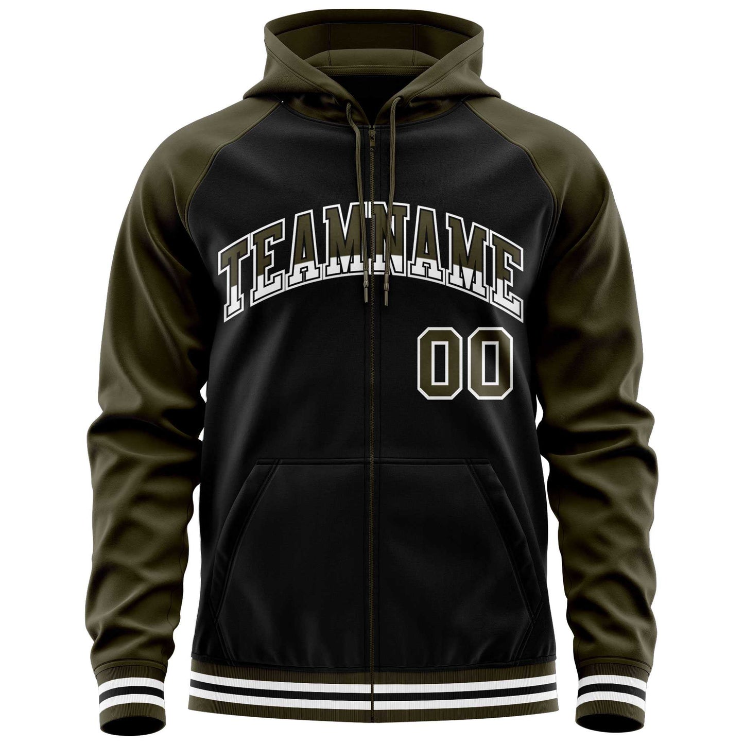Custom Stitched Black Olive Raglan Sleeves Sports Full-Zip Sweatshirt Hoodie
