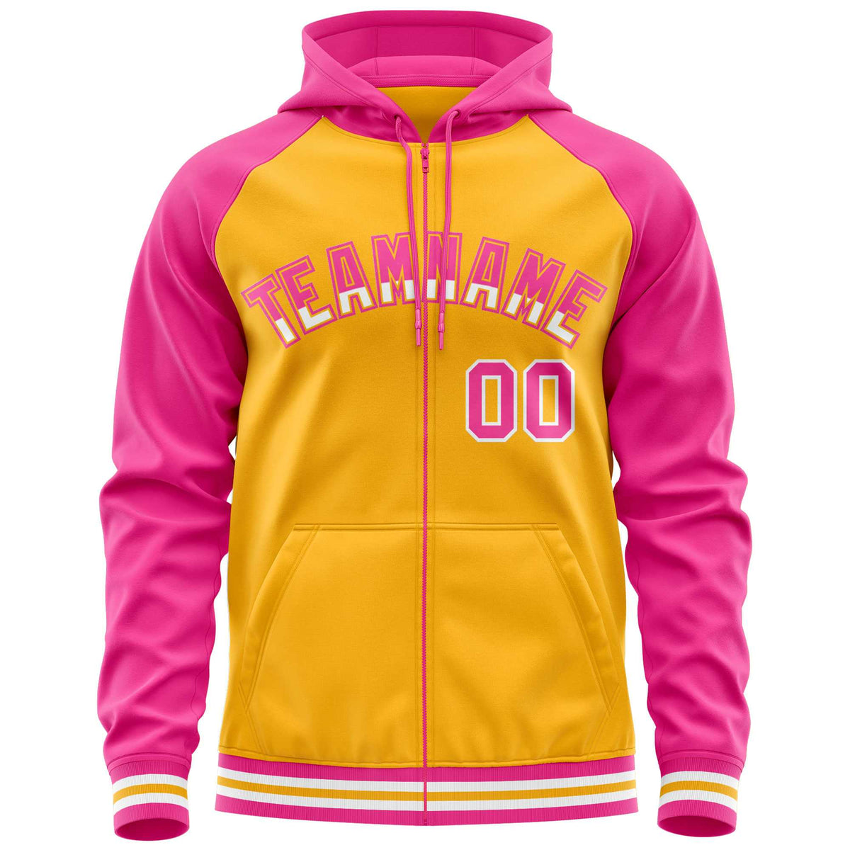 Custom Stitched Yellow Pink Raglan Sleeves Sports Full-Zip Sweatshirt Hoodie