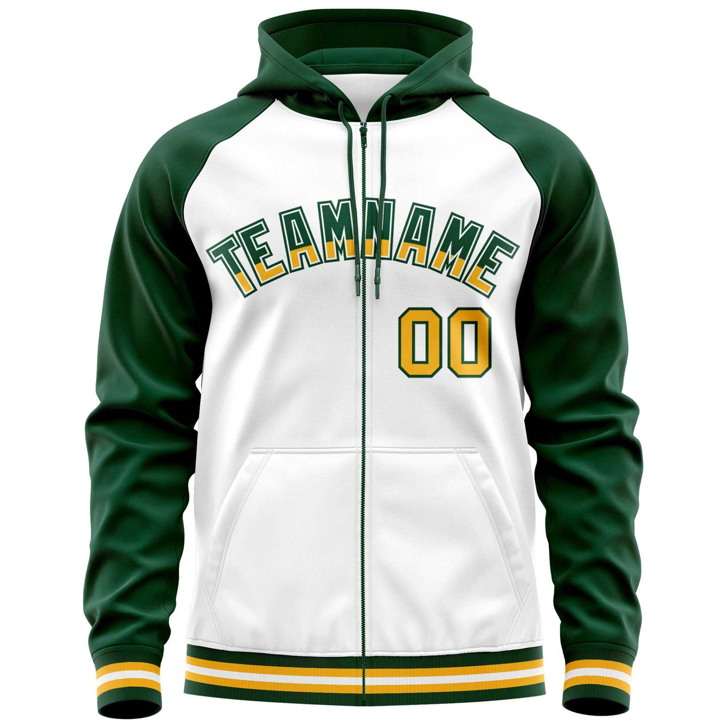 Custom Stitched White Green Raglan Sleeves Sports Full-Zip Sweatshirt Hoodie