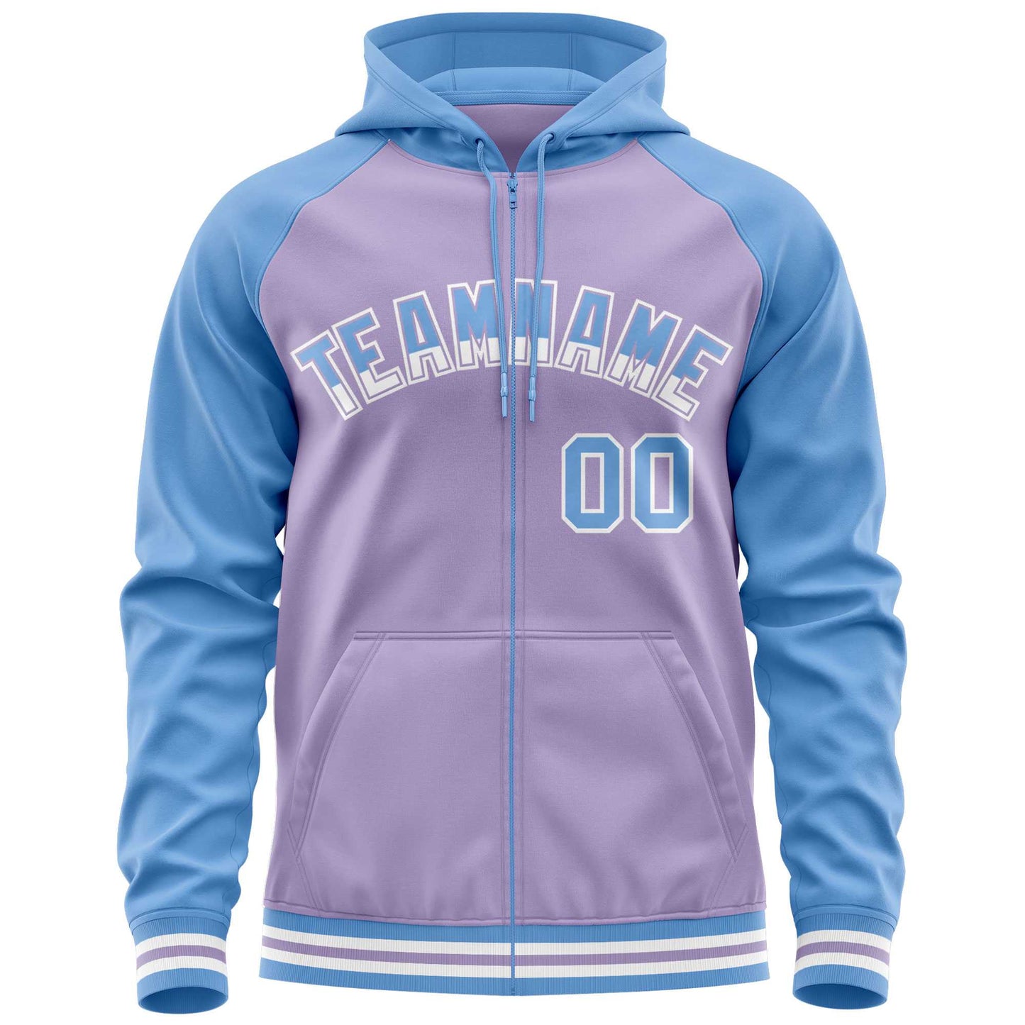Custom Stitched Light Purple Powder Blue Raglan Sleeves Sports Full-Zip Sweatshirt Hoodie