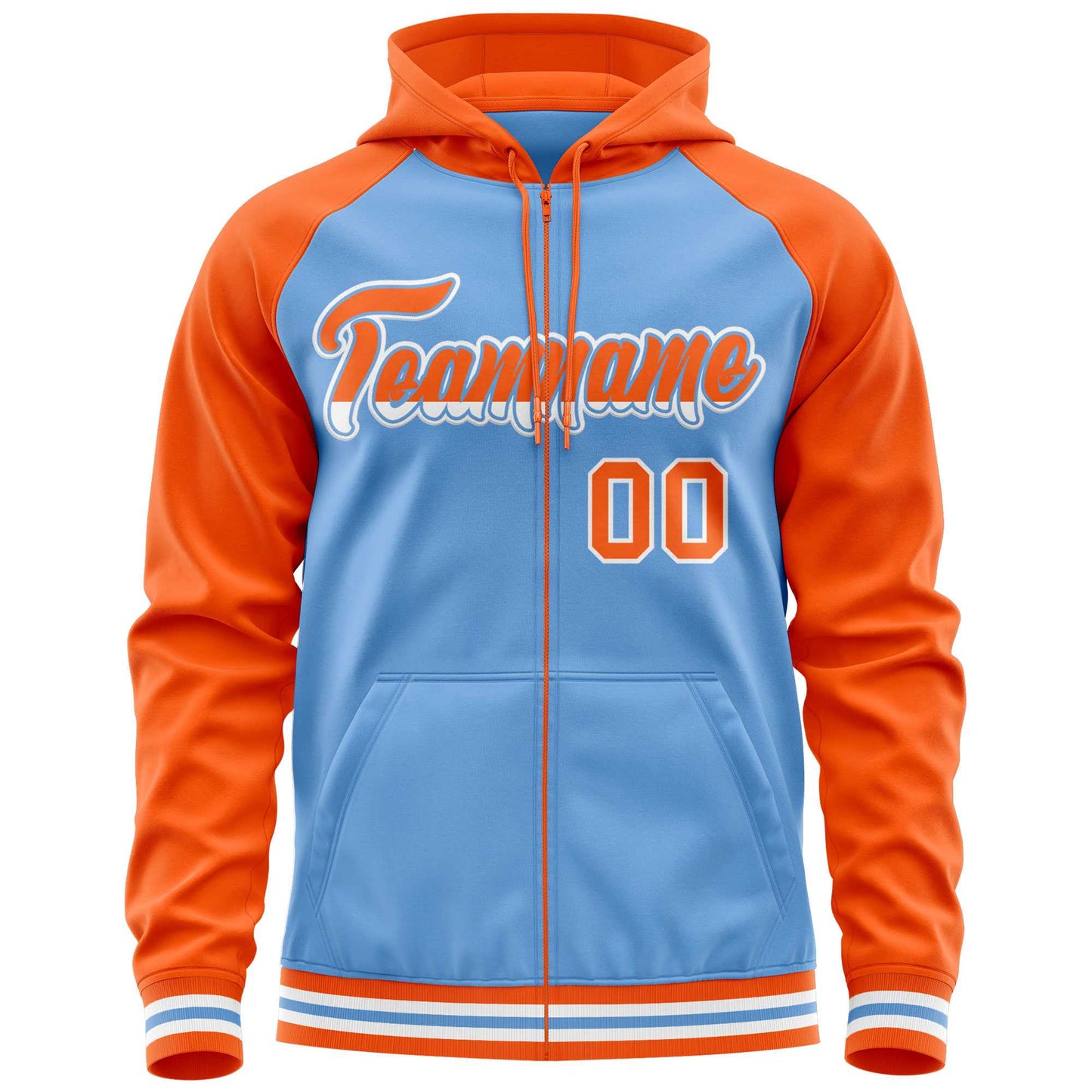 Custom Stitched Powder Blue Orange Raglan Sleeves Sports Full-Zip Sweatshirt Hoodie