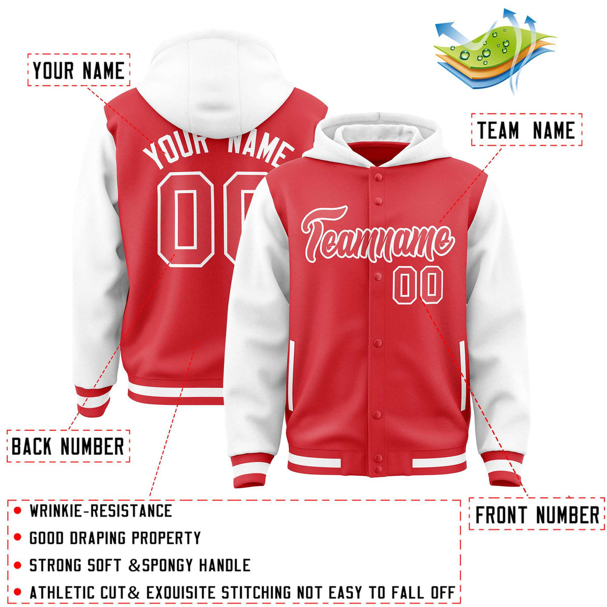 Custom Light Red White Raglan Sleeves Varsity Full-Snap Letterman Two Tone Hoodie Jacket