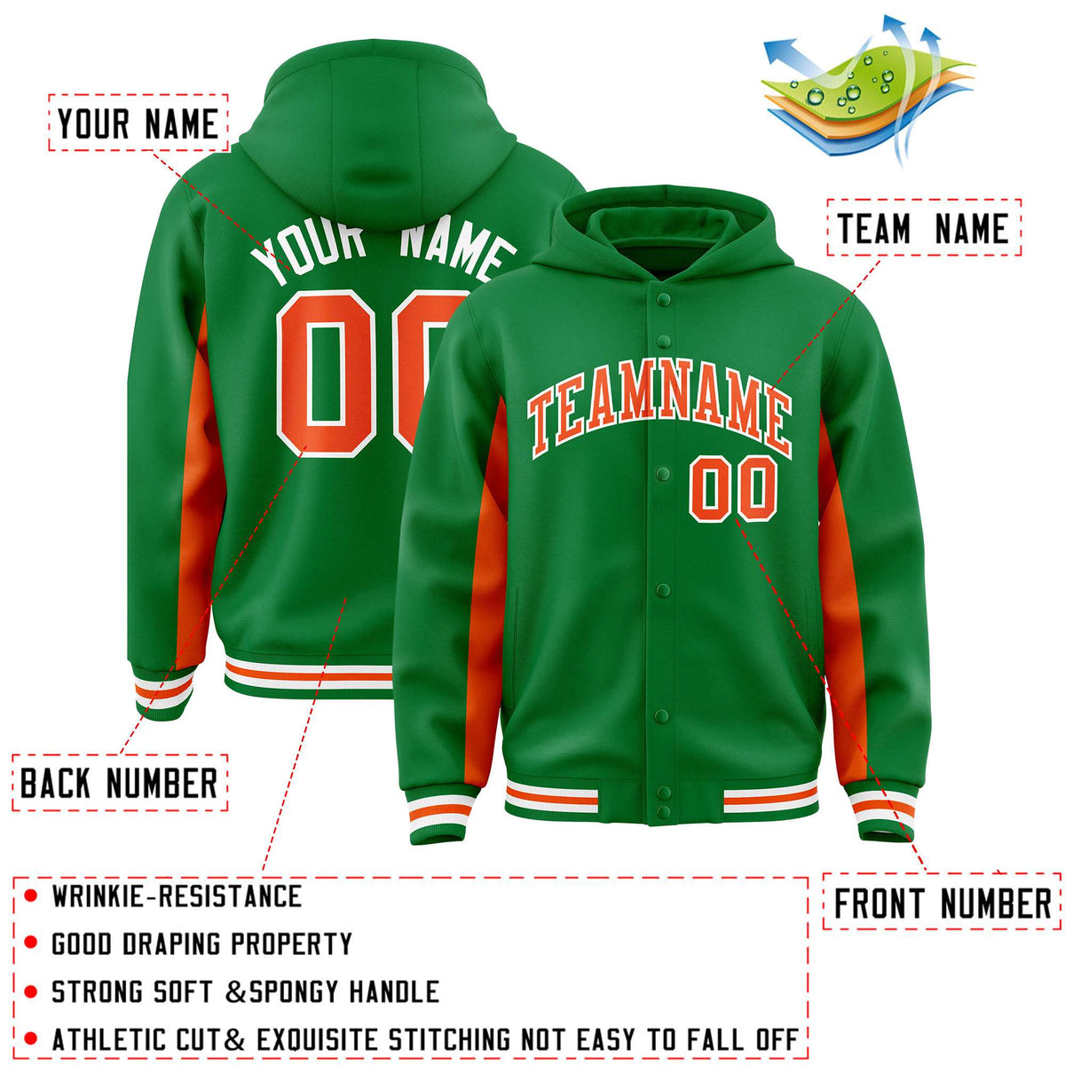 Custom Kelly Green Orange Color Block Varsity Full-Snap Letterman Hoodie Jacket