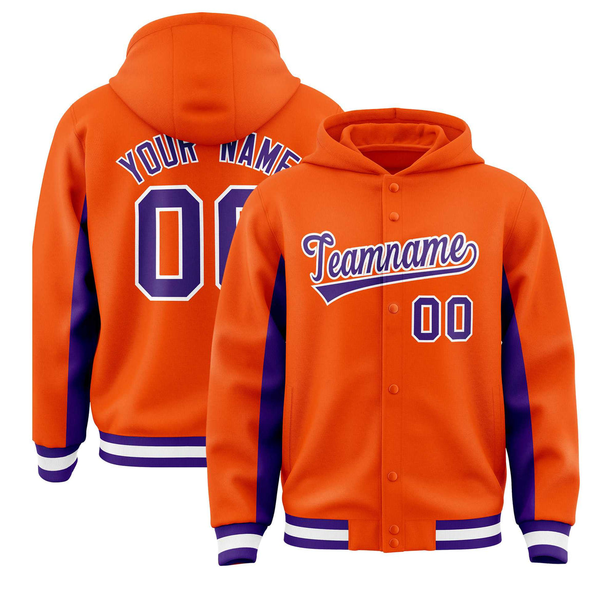 Custom Orange Purple Color Block Varsity Full-Snap Letterman Hoodie Jacket