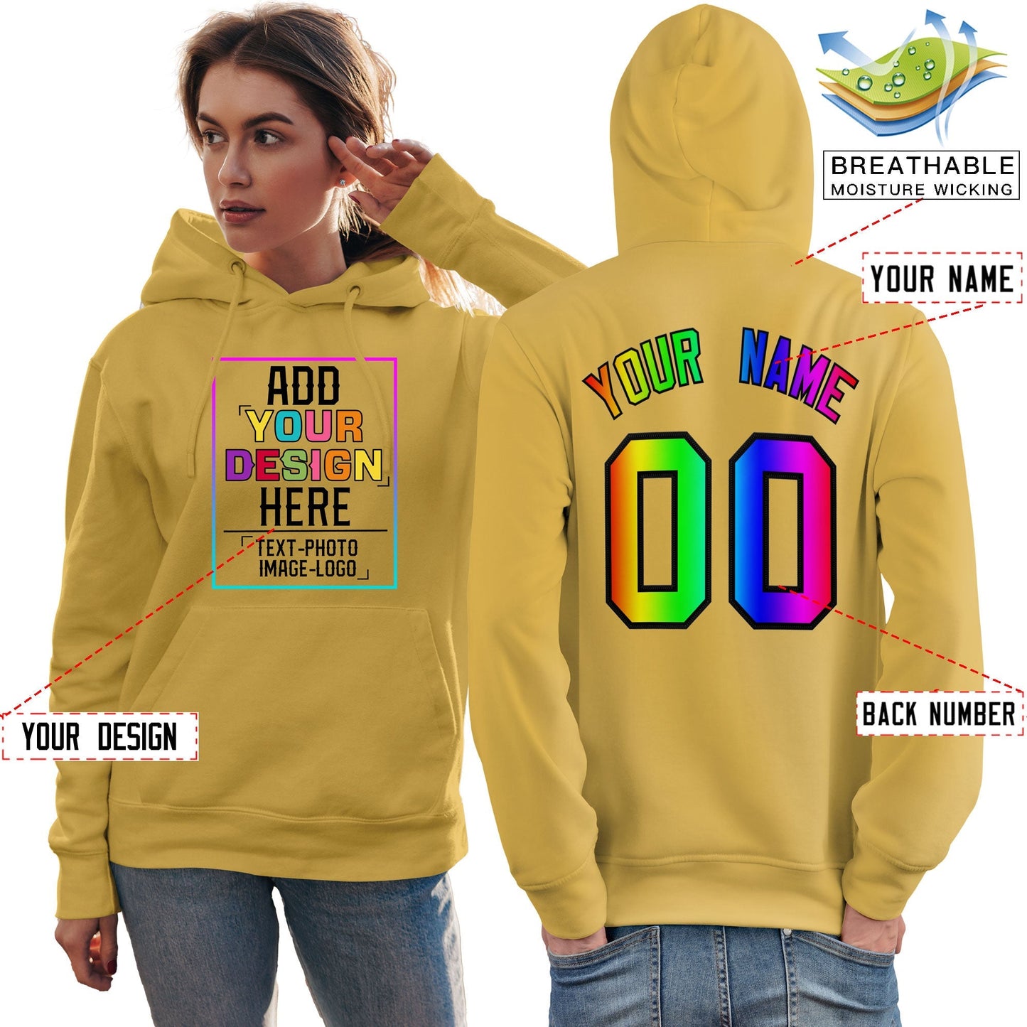 Custom Yellow Personalized Rainbow Color Font Team Pullover Sweatshirt Hoodie