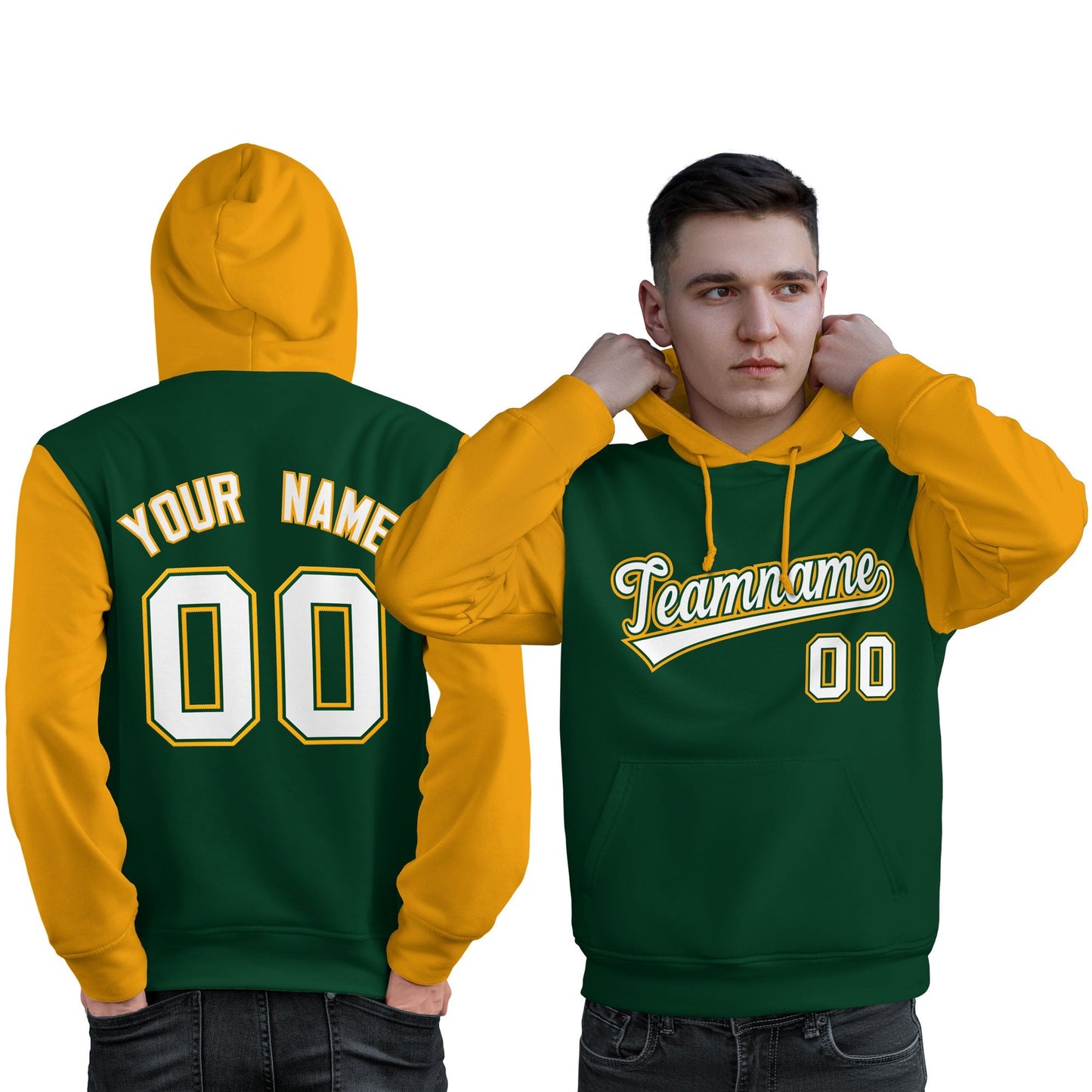 Custom Green White-Gold Raglan Sleeves Pullover Personalized Sweatshirt Hoodie