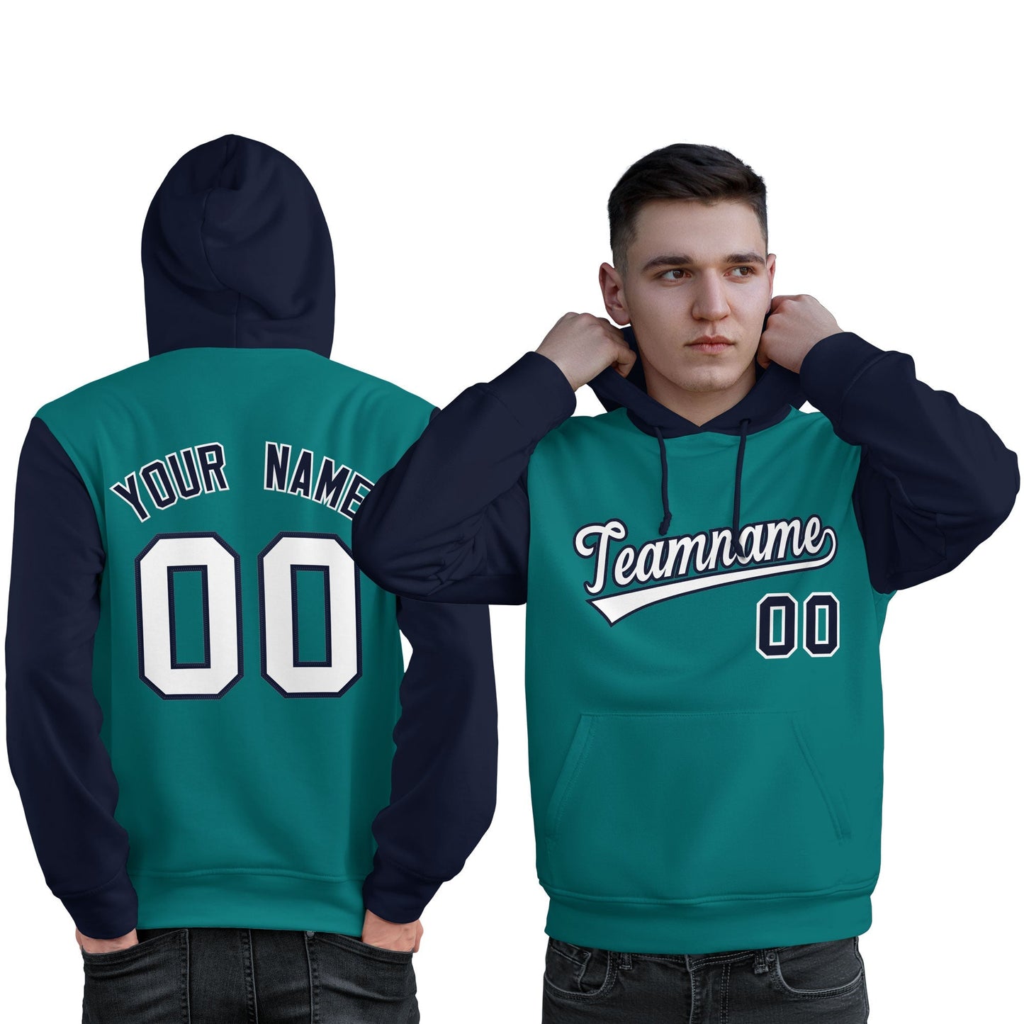 Custom Aqua White-Navy Raglan Sleeves Pullover Personalized Sweatshirt Hoodie