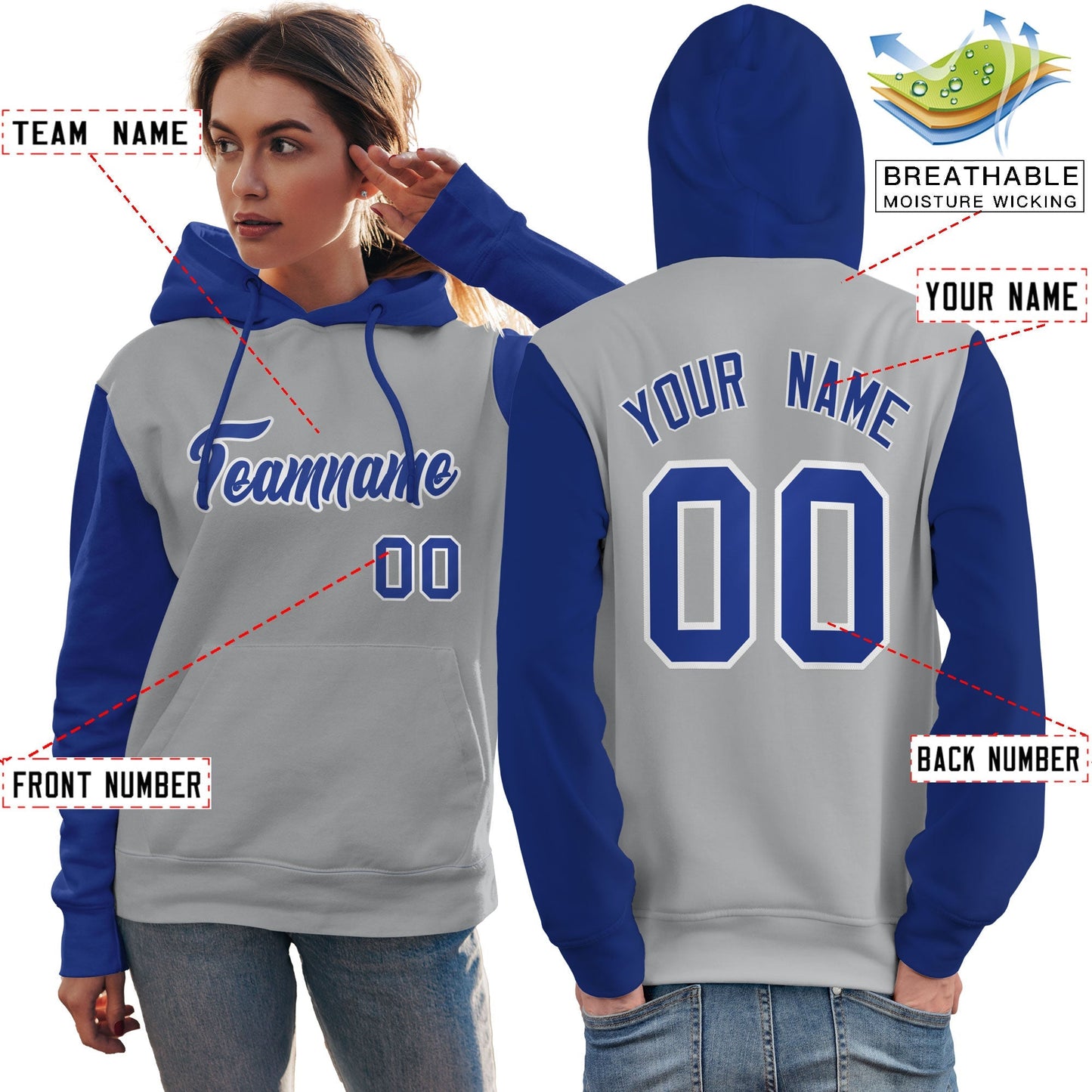 Custom Gray Royal-White Raglan Sleeves Pullover Personalized Team Sweatshirt Hoodie