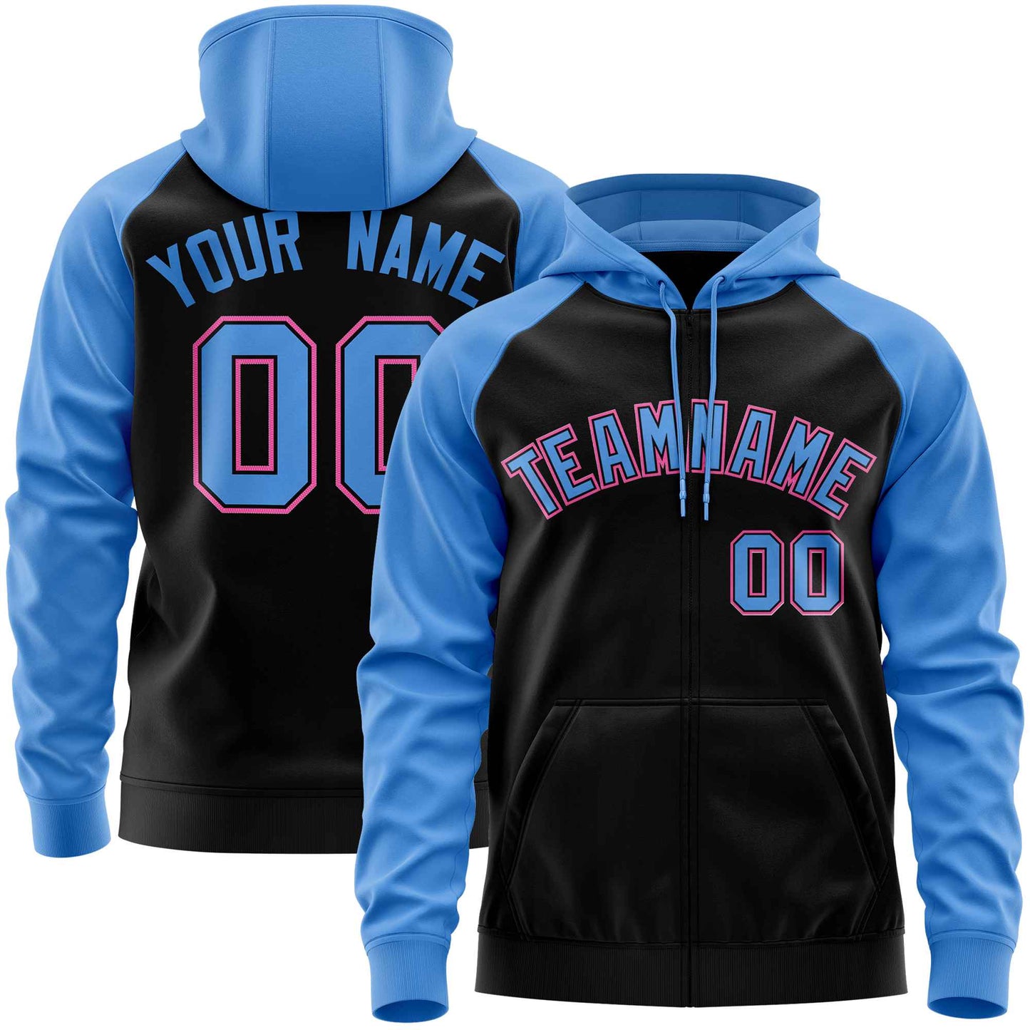 Custom Stitched Black Powder Blue Raglan Sleeves Sports Full-Zip Sweatshirt Hoodie