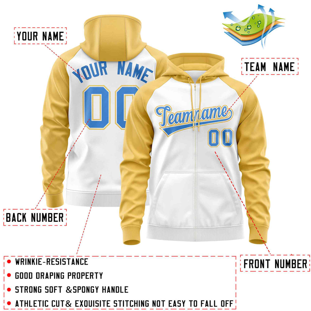 Custom Stitched White Yellow-Powder Blue Raglan Sleeves Sports Full-Zip Sweatshirt Hoodie