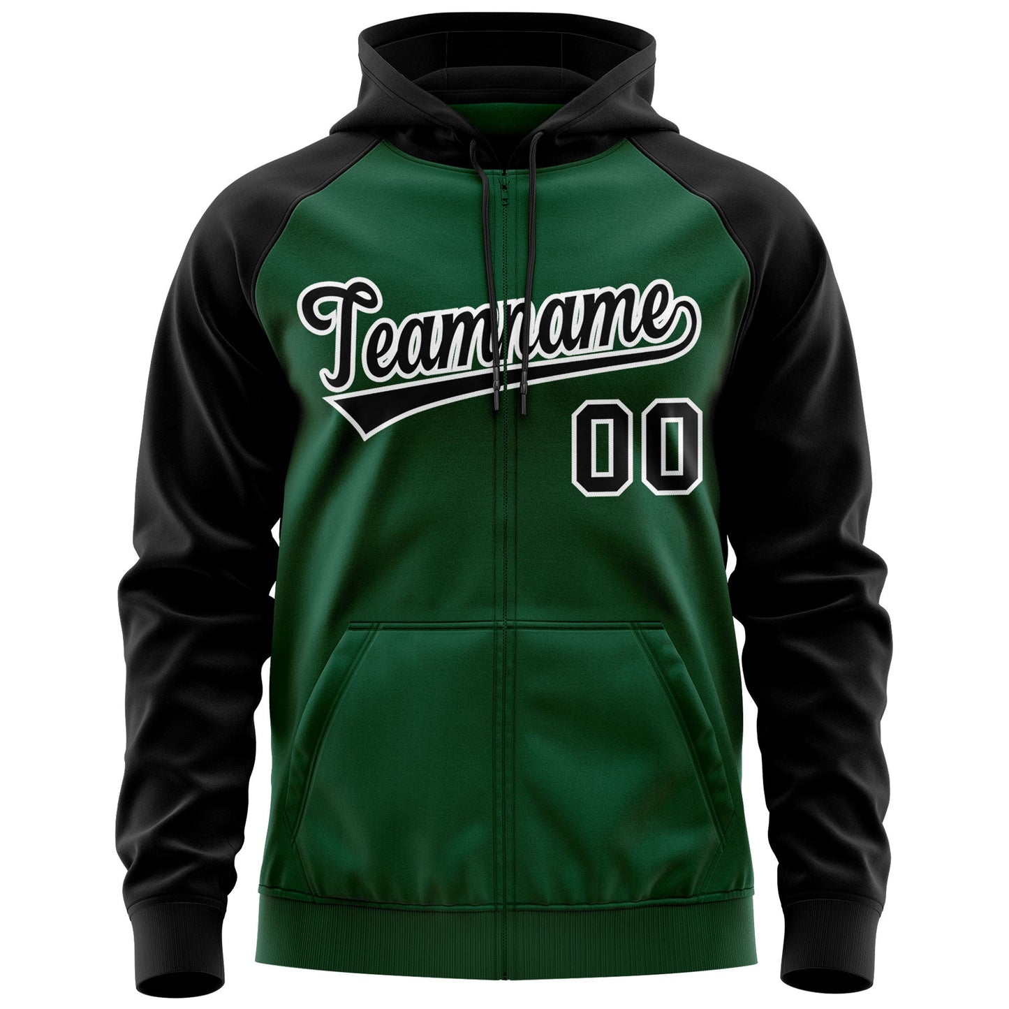 Custom Stitched Green Black-White Raglan Sleeves Sports Full-Zip Sweatshirt Hoodie