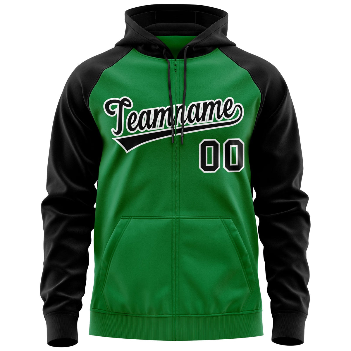 Custom Stitched Kelly Green Black-White Raglan Sleeves Sports Full-Zip Sweatshirt Hoodie