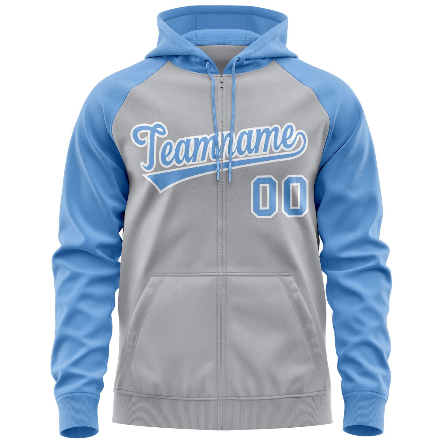 Custom Stitched Gray Light Blue-White Raglan Sleeves Sports Full-Zip Sweatshirt Hoodie