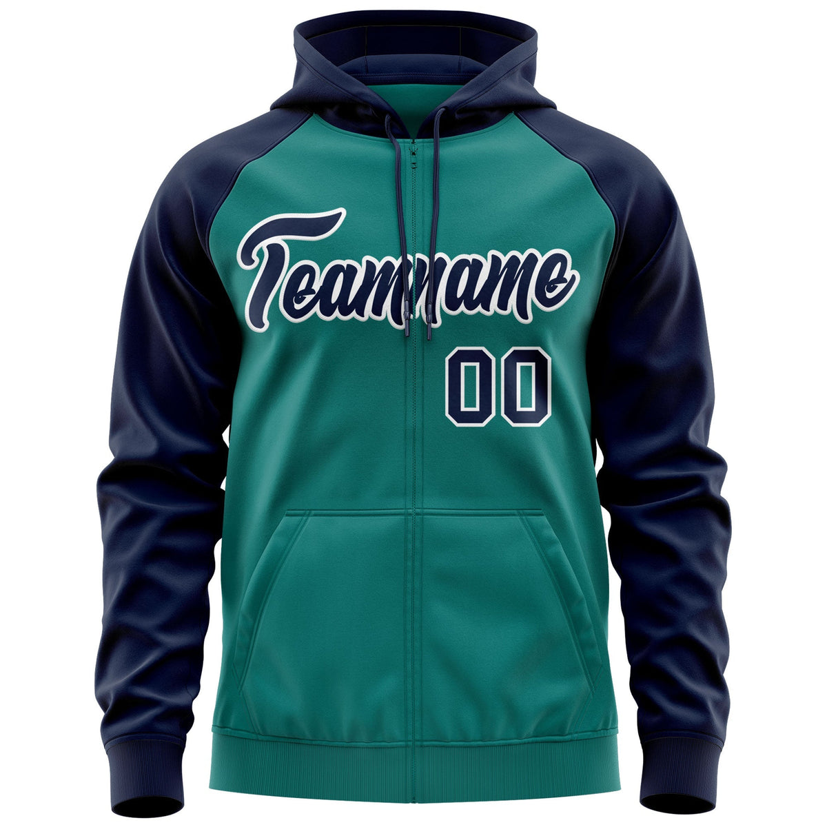Custom Stitched Aqua Navy-White Raglan Sleeves Sports Full-Zip Sweatshirt Hoodie