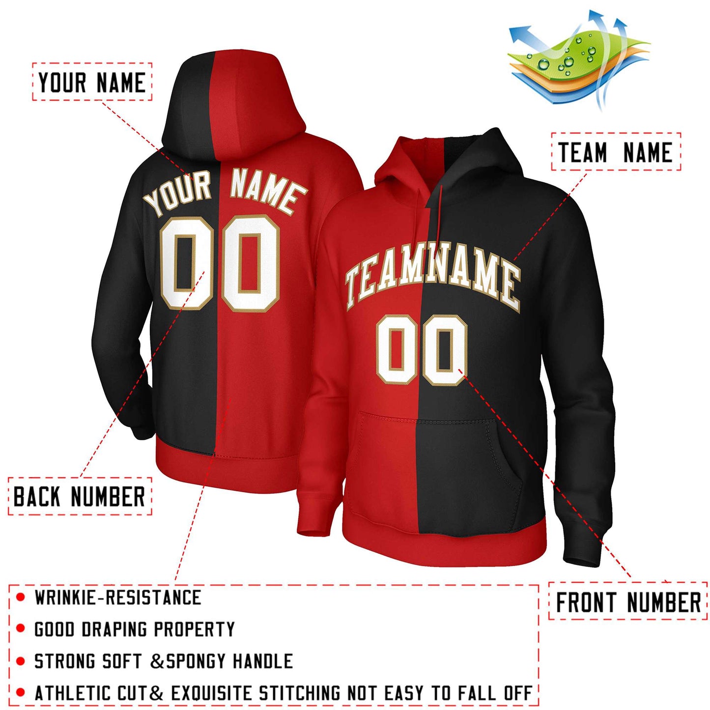 Custom Red Black White-Old Gold Split Fashion Stitched Sportwear Pullover Hoodie