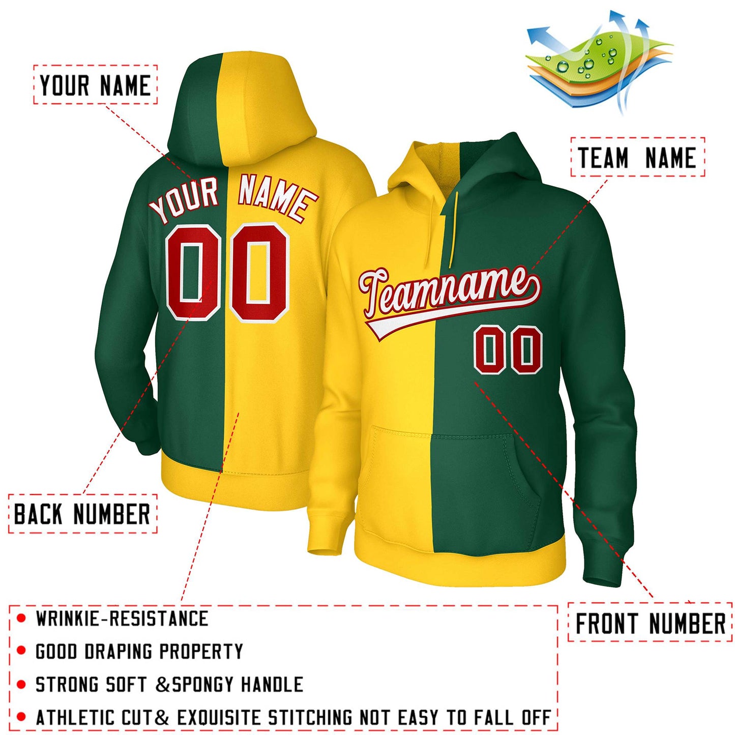 Custom Gold Green White-Red Split Fashion Stitched Sportwear Pullover Hoodie
