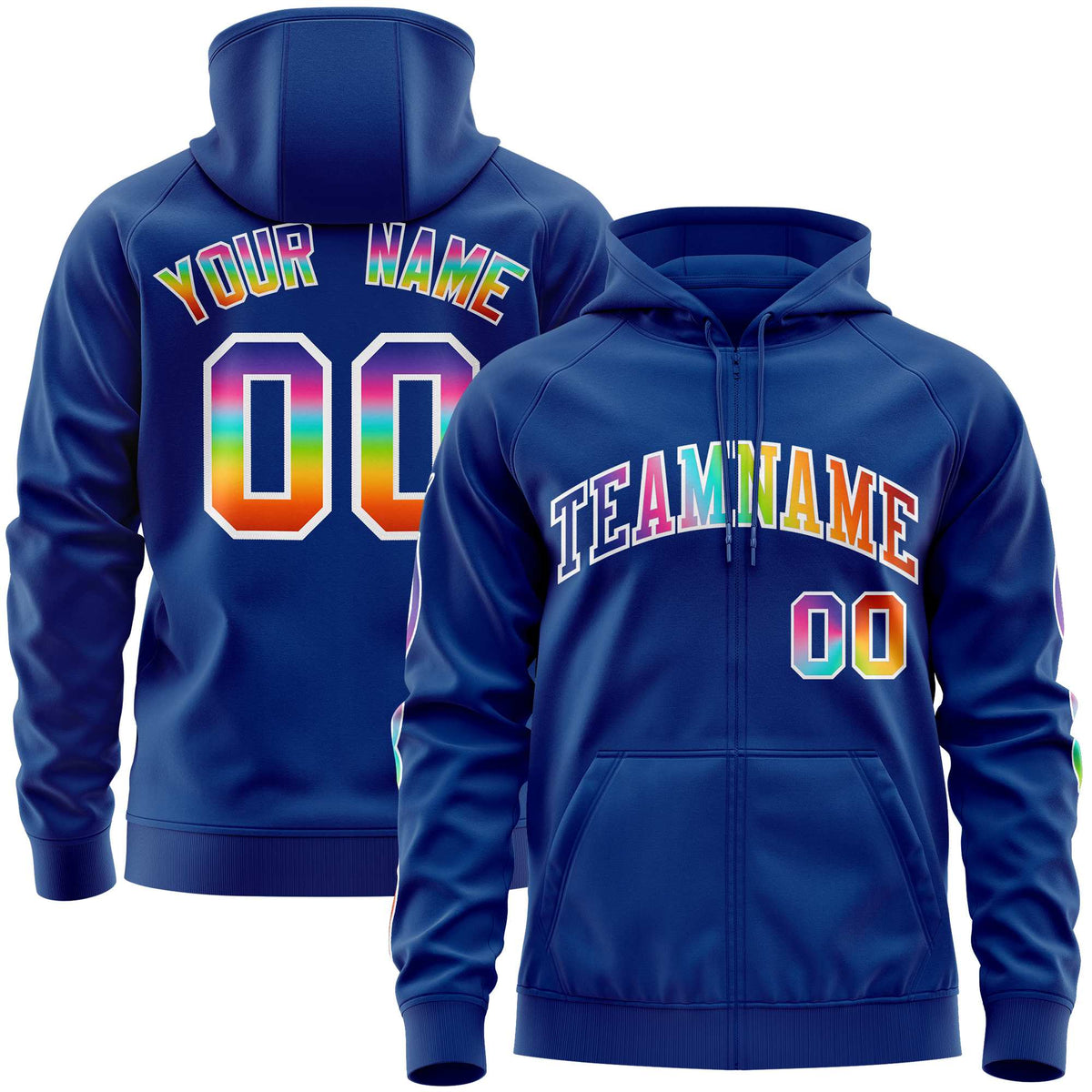Custom Stitched Royal White Sports Full-Zip Sweatshirt Hoodie with Colored Flames