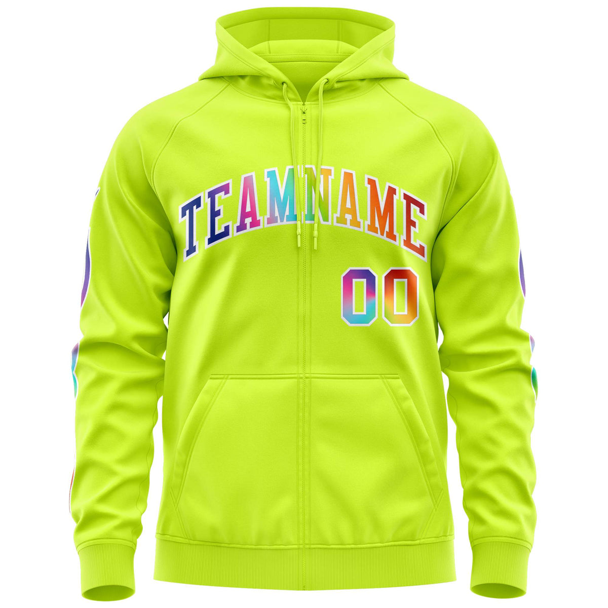 Custom Stitched Neon Green White Sports Full-Zip Sweatshirt Hoodie with Colored Flames