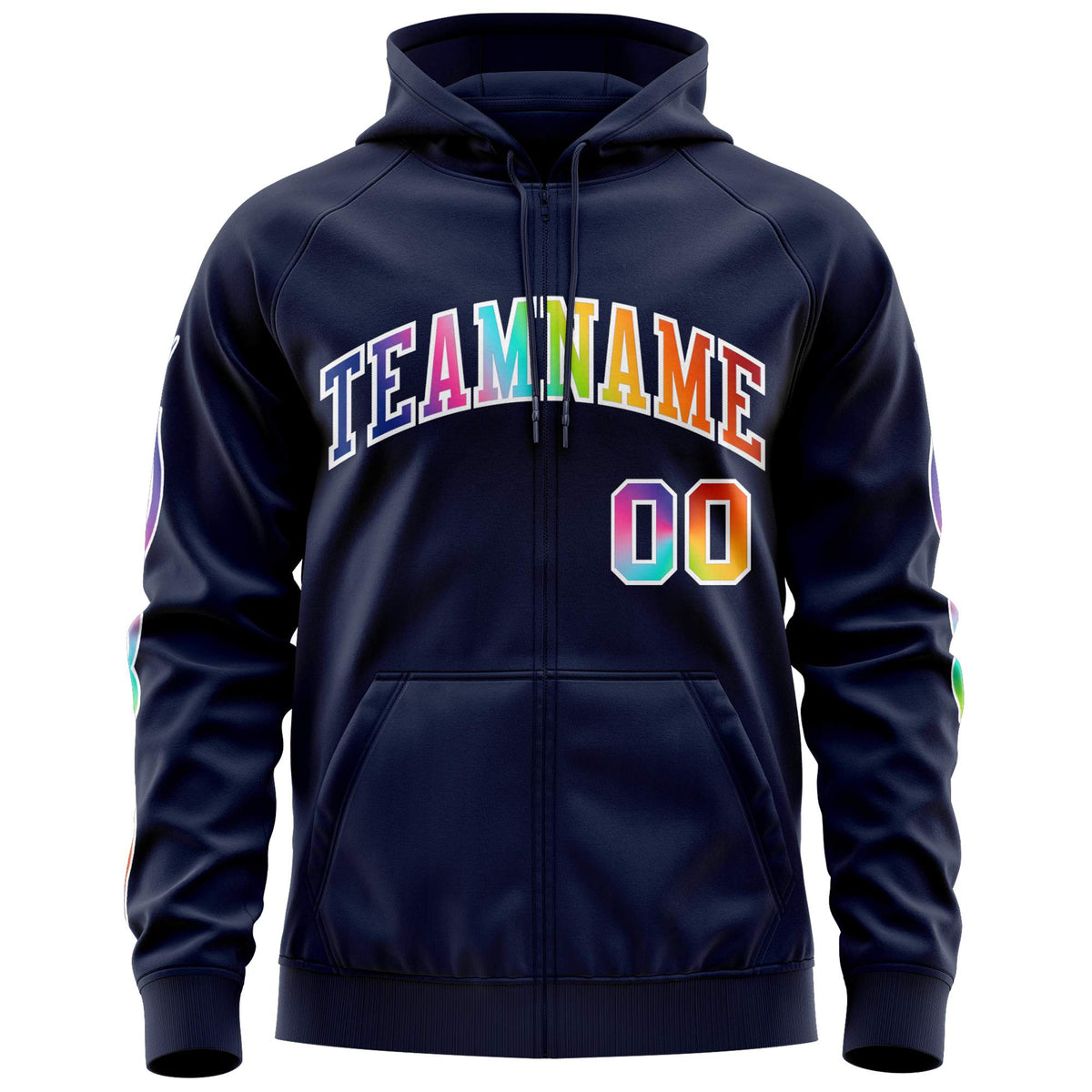Custom Stitched Navy White Sports Full-Zip Sweatshirt Hoodie with Colored Flames