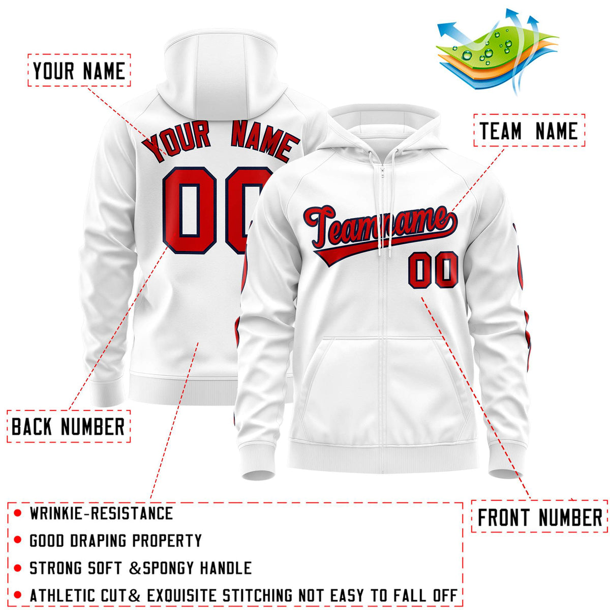 Custom Stitched White Red Sports Full-Zip Sweatshirt Hoodie with Flame