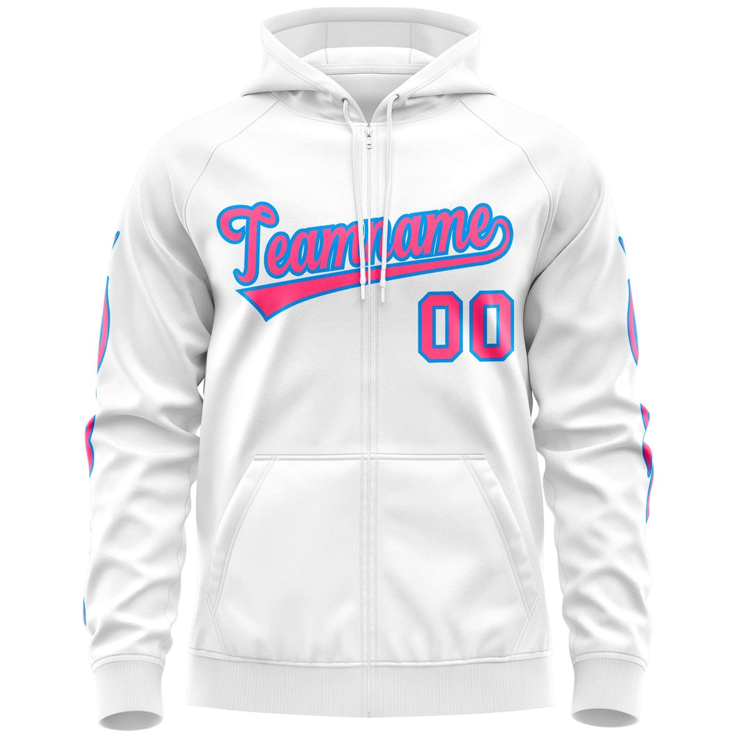Custom Stitched White Pink Sports Full-Zip Sweatshirt Hoodie with Flame