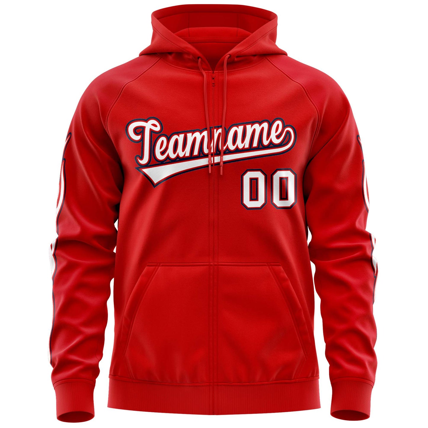 Custom Stitched Red White Sports Full-Zip Sweatshirt Hoodie with Flame