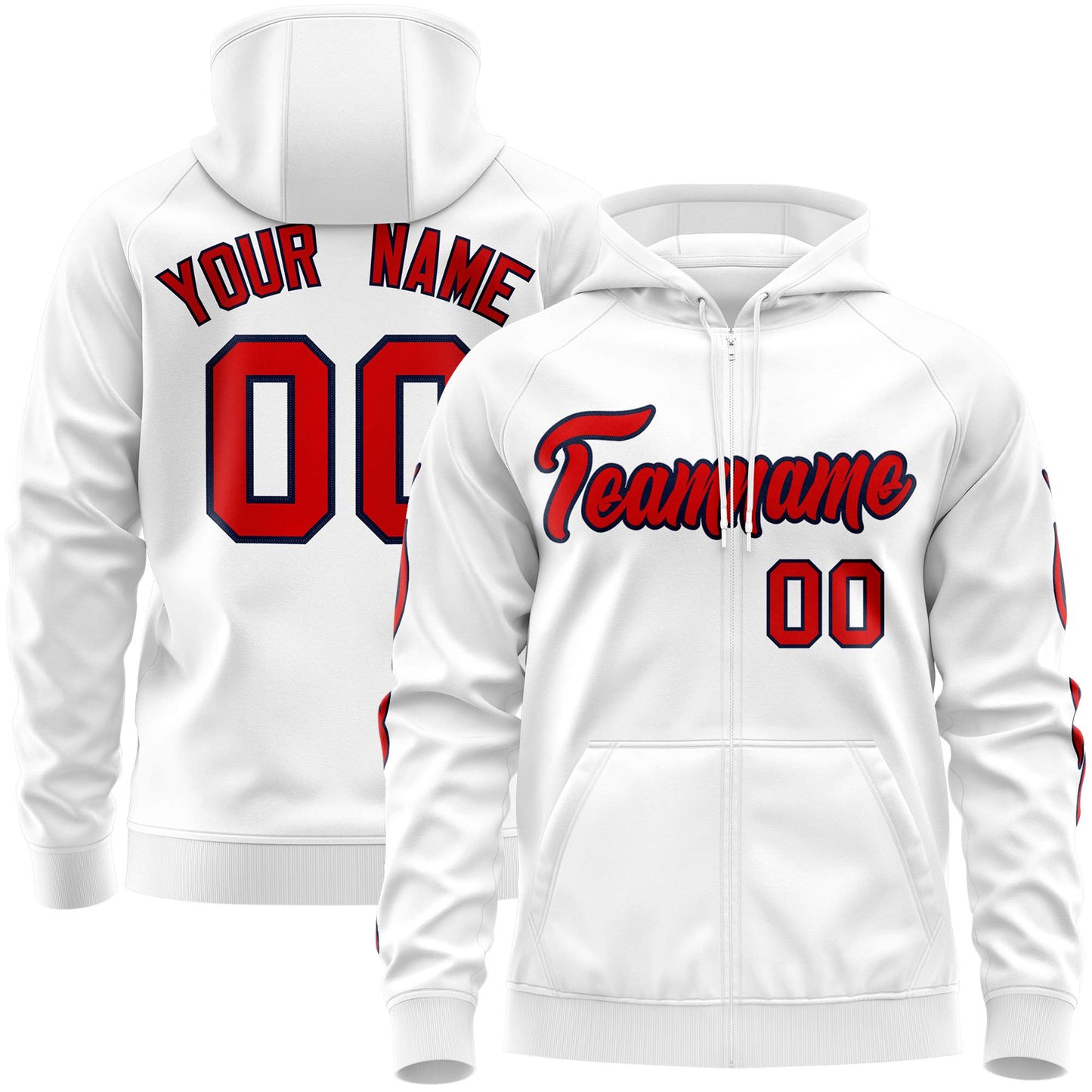 Custom Stitched White Red Sports Full-Zip Sweatshirt Hoodie with Flame