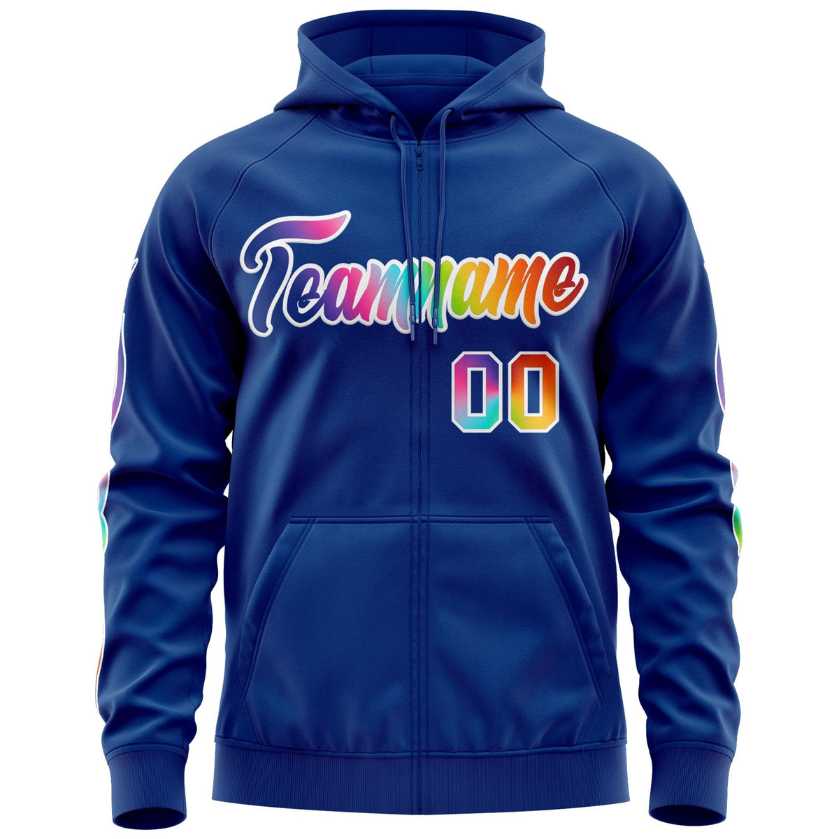 Custom Stitched Royal White Sports Full-Zip Sweatshirt Hoodie with Colored Flames