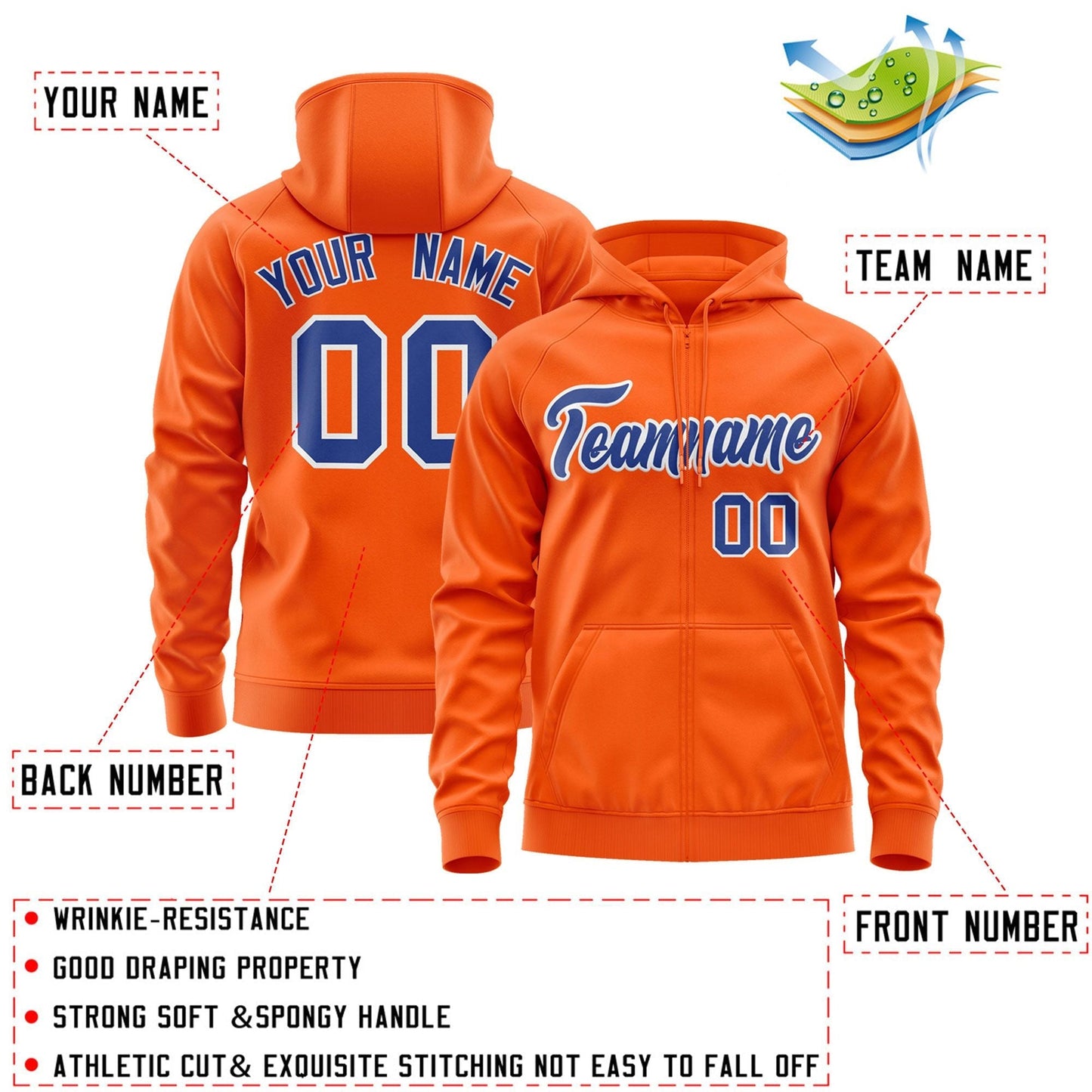 Custom Stitched Orange Royal-White Sports Full-Zip Sweatshirt Hoodie