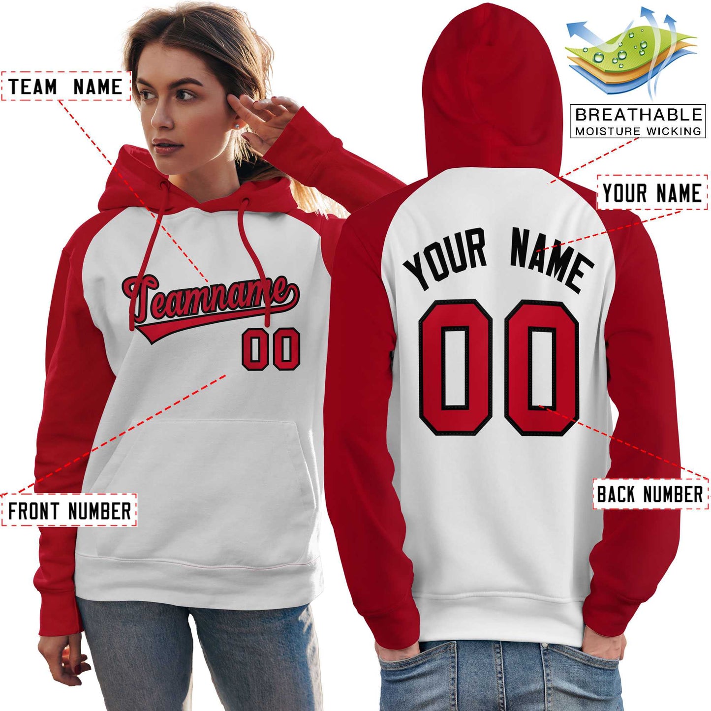 Custom Stitched White Red Raglan Sleeves Sports Pullover Sweatshirt Hoodie For Women