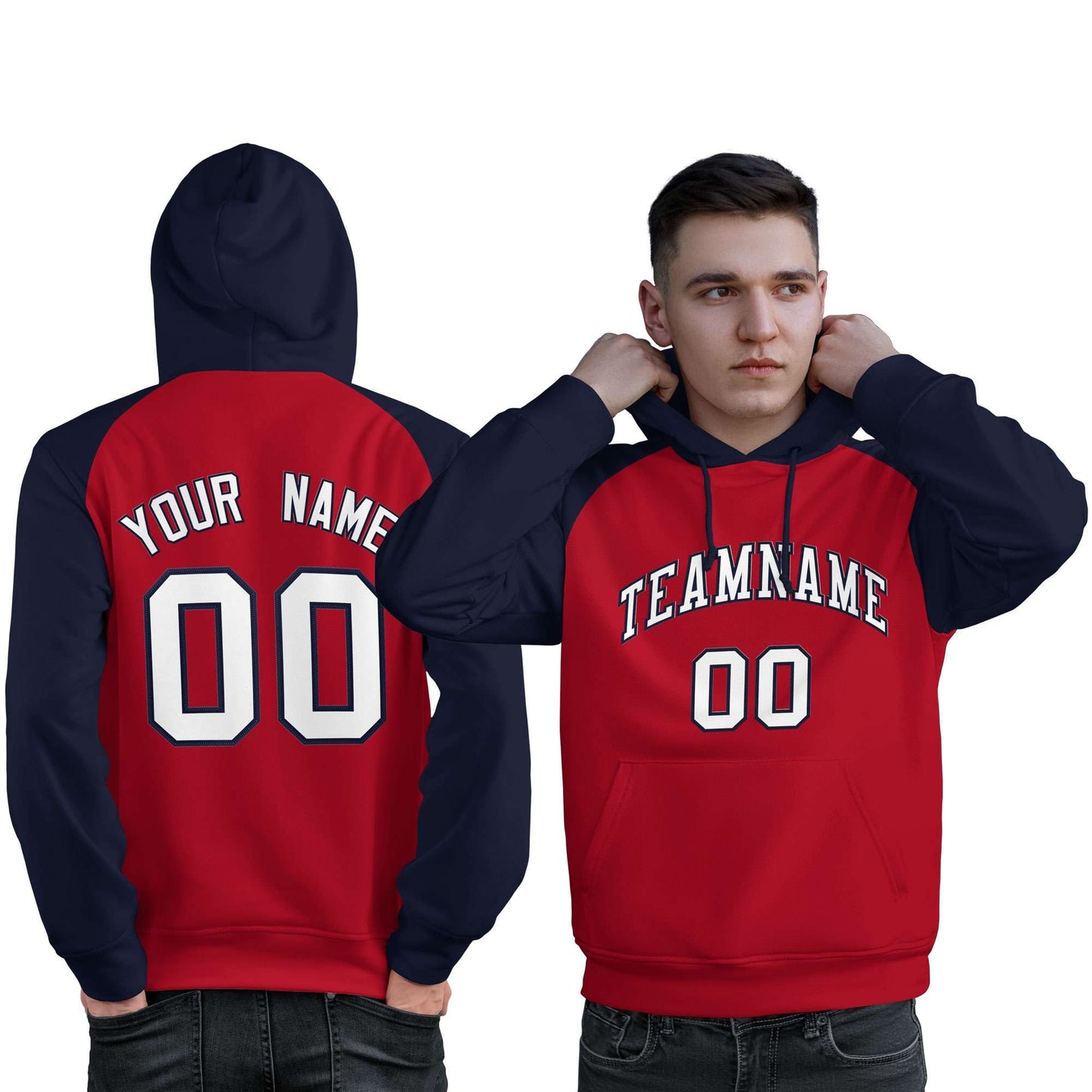 Custom Stitched Red Navy-White Raglan Sleeves Sports Pullover Sweatshirt Hoodie For Men