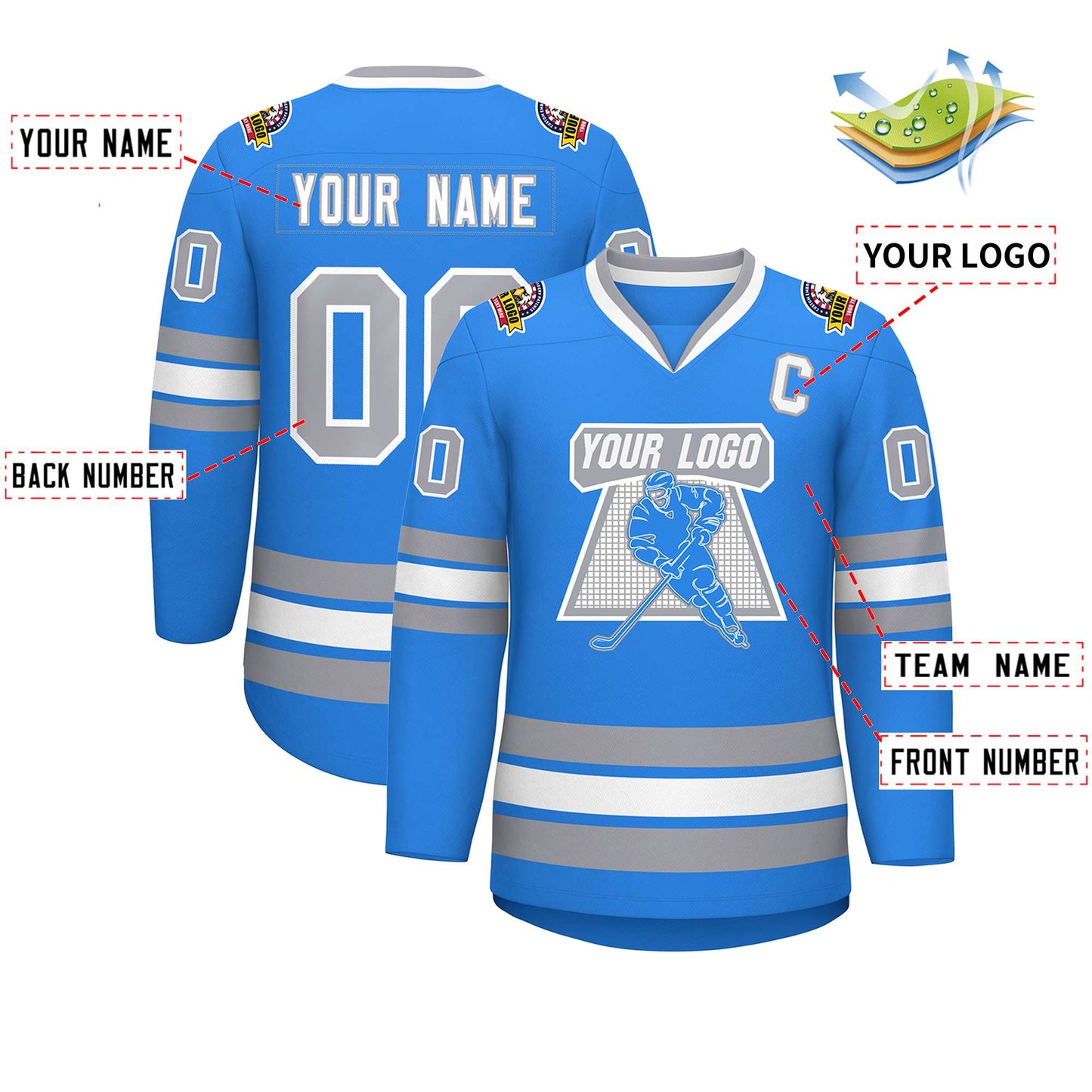 Custom Powder Blue White Powder Blue-Gray Classic Style Hockey Jersey