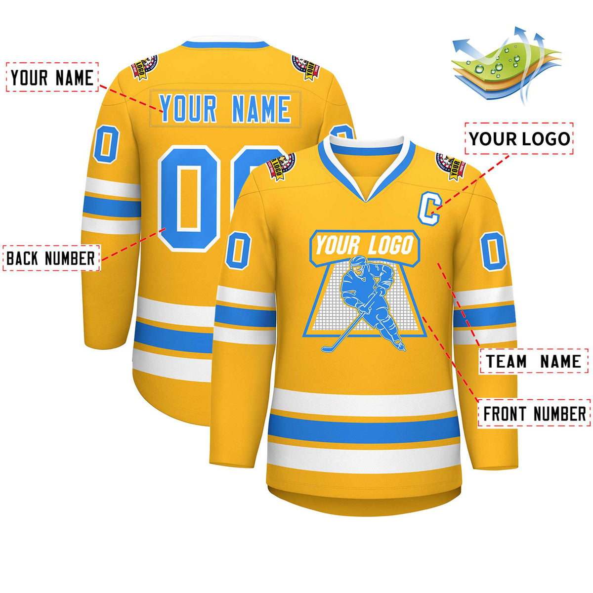 Custom Gold Powder Blue-White Classic Style Hockey Jersey