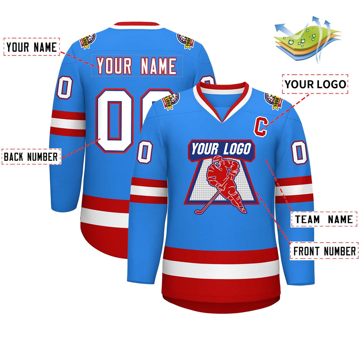 Custom Powder Blue White Royal-Red Classic Style Hockey Jersey