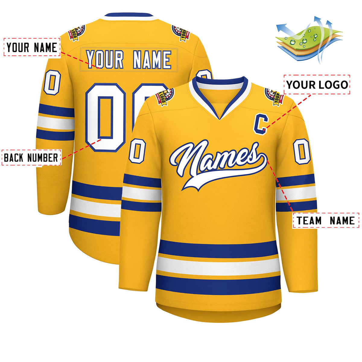 Custom Gold White-Royal Classic Style Hockey Jersey