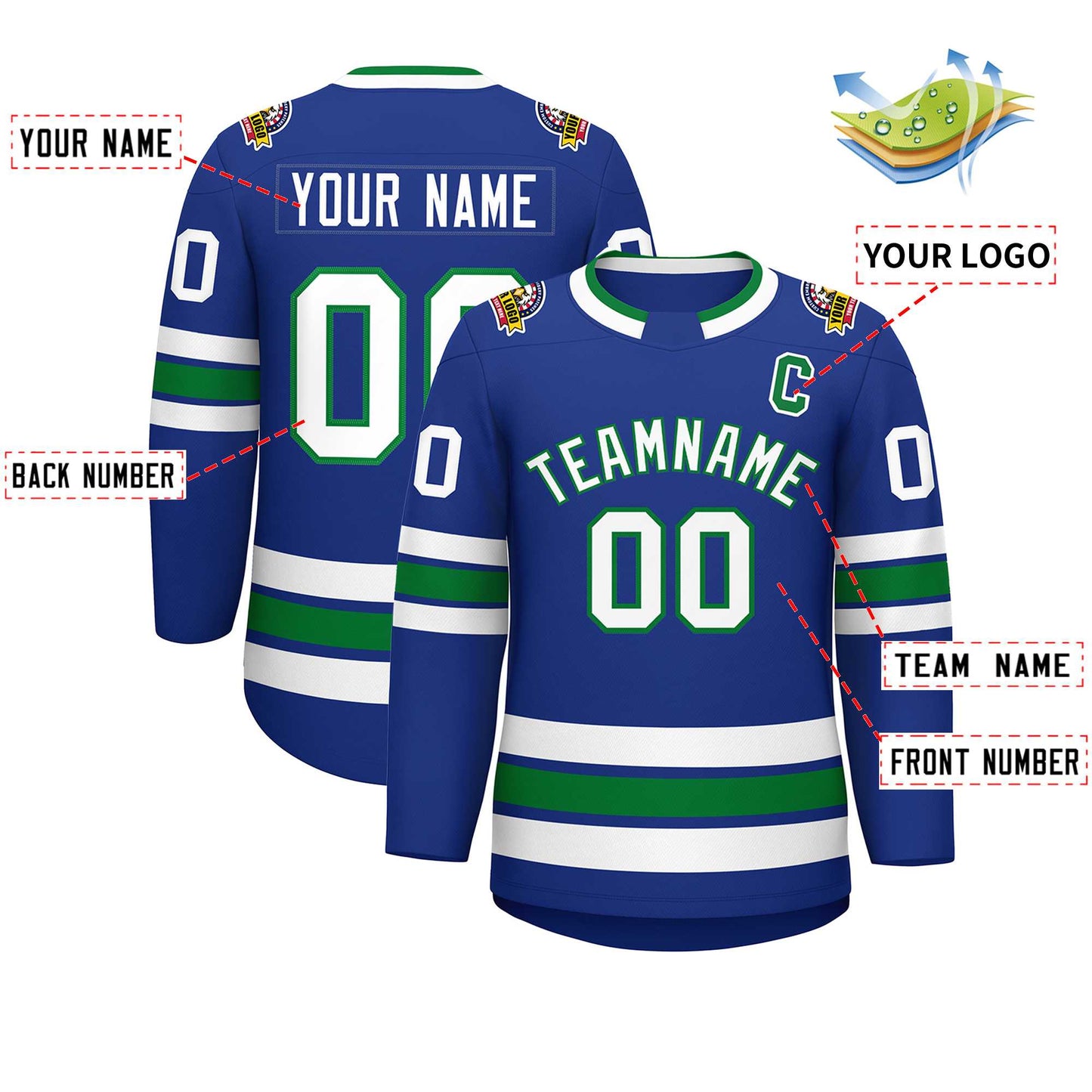 Custom Royal White-Kelly Green Classic Style Hockey Jersey