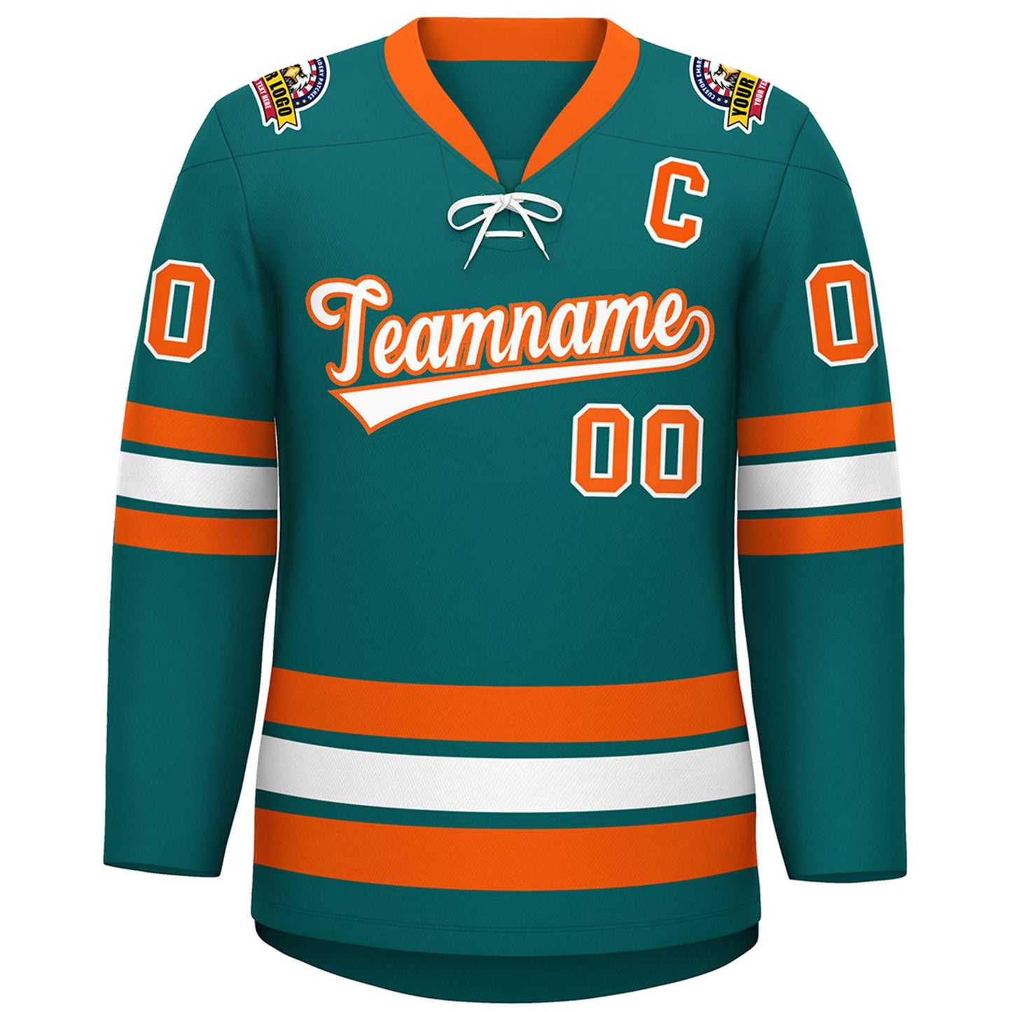 Custom Aqua White-Orange Lace-Up Neck Hockey Jersey
