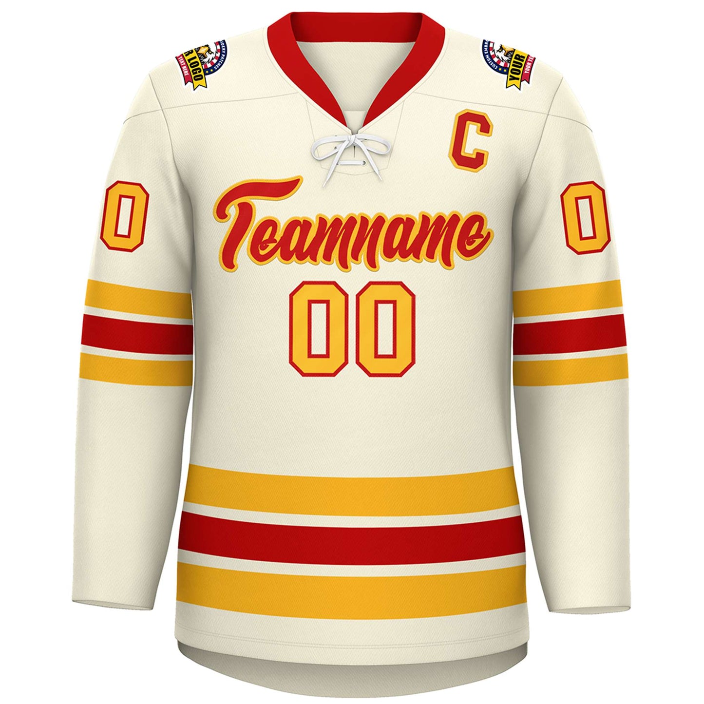 Custom Cream Red-Yellow Lace-Up Neck Hockey Jersey