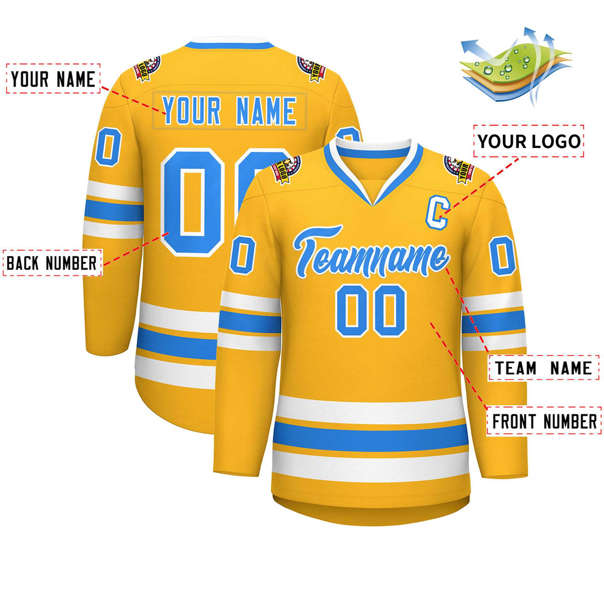 Custom Gold Powder Blue-White Classic Style Hockey Jersey